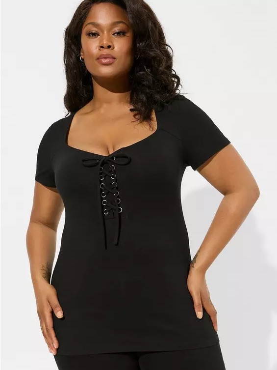 Torrid Foxy Lace Up Short Sleeve Top In Deep Black Size 3x